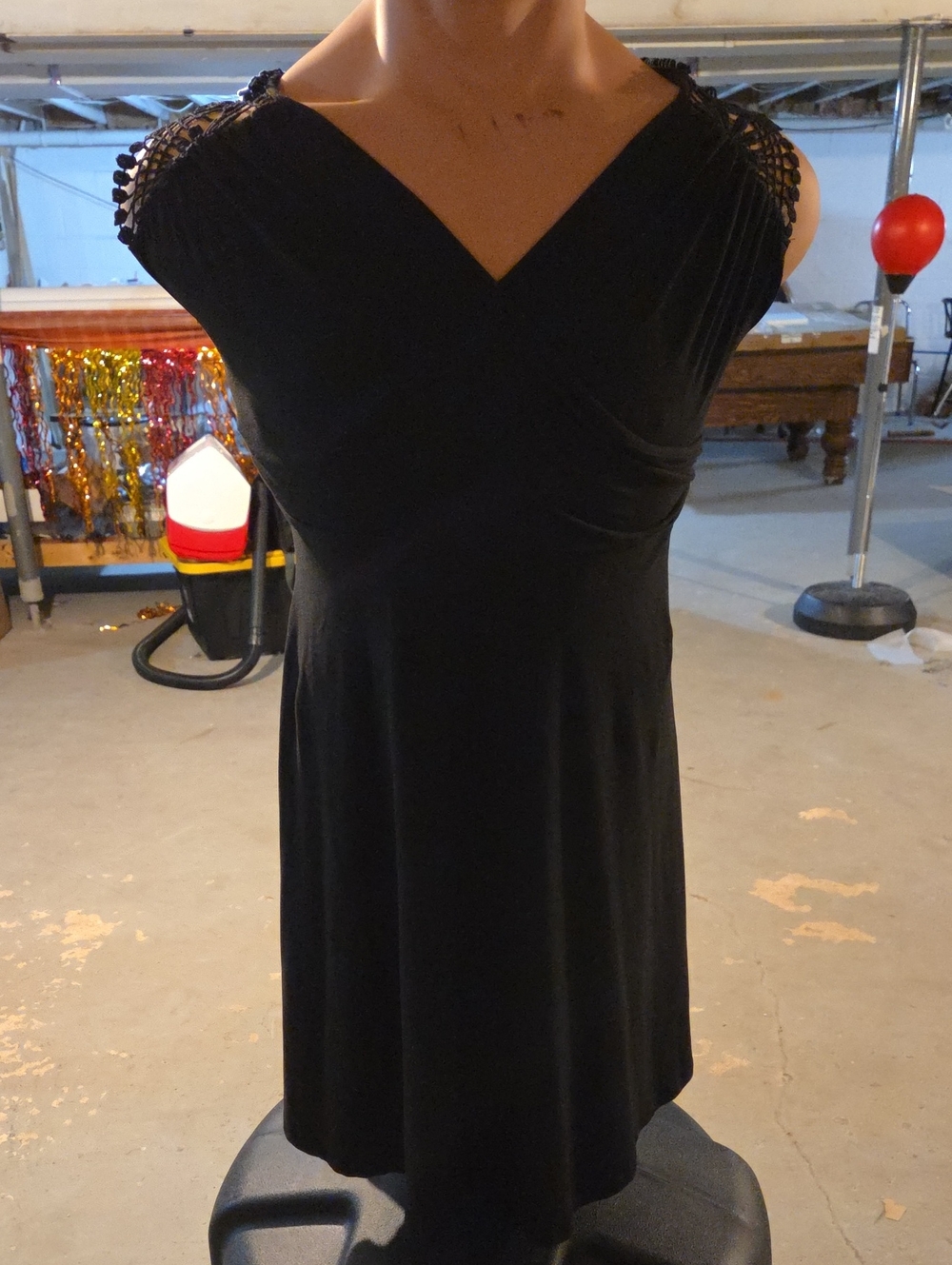 Classic Black V-Neck Midi Dress with Crochet Cap Sleeves